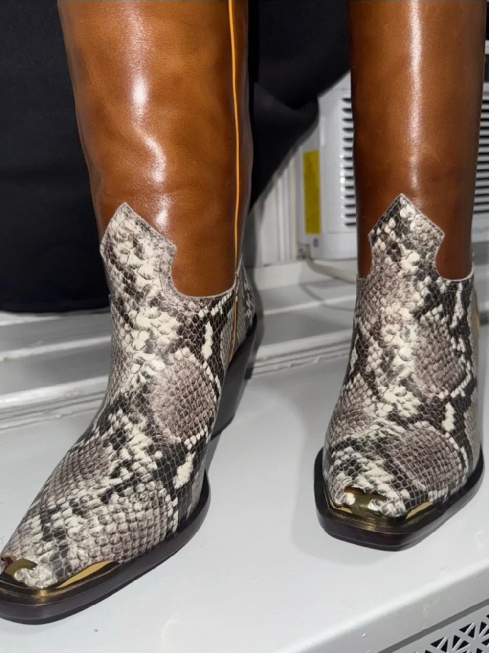 Tory Burch Tall Brown Leather and Snake-Print Knee Boots
